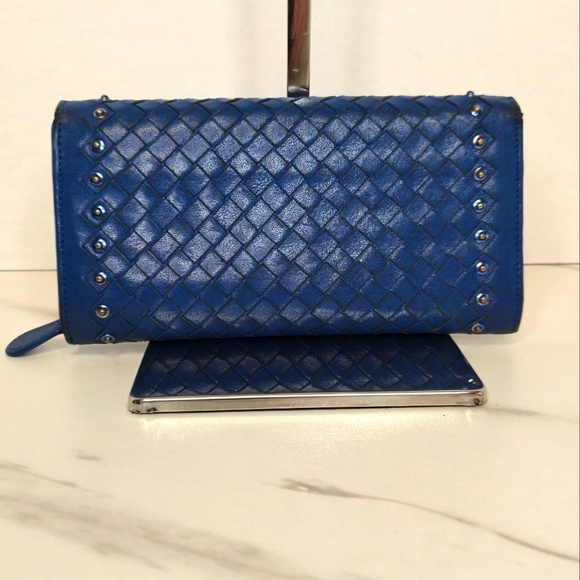 Bottega Veneta Intrecciato Studded Blue Leather Long Wallet with Box and Dustbag - Picture 5 of 15